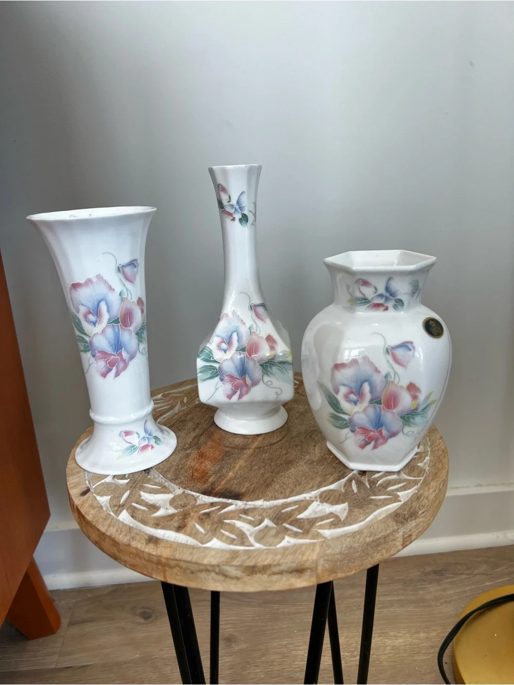 Lot of 3 Aynsley Floral Porcelain Accent Vase - White with Pink & Blue Flowers
